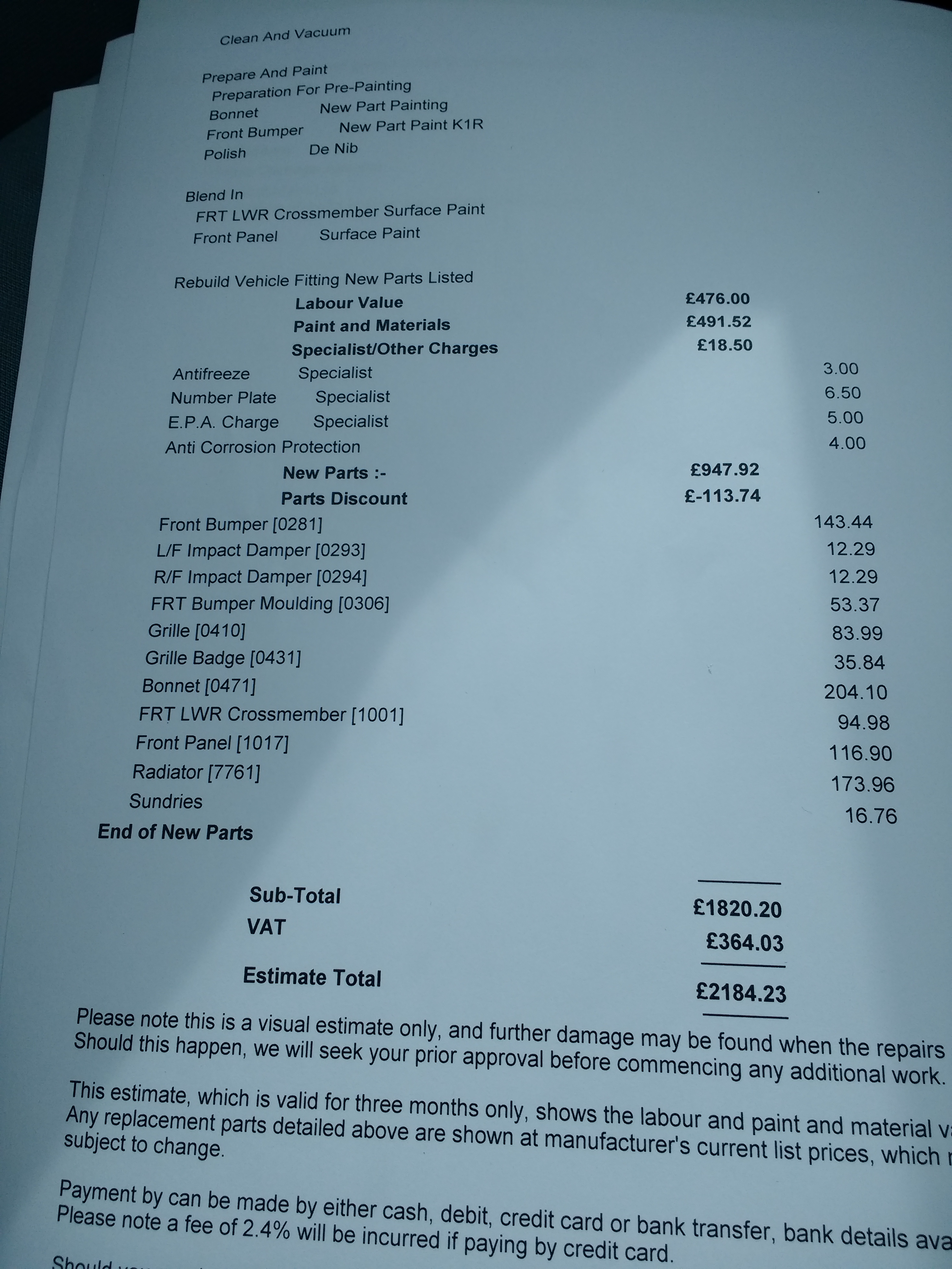 Front damage and repair cost